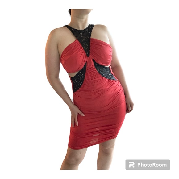 Vintage 2000s Y2K Bebe Red CutOut Sleeveless Asymmetrical Ruched Bodycon Dress M - Picture 9 of 12